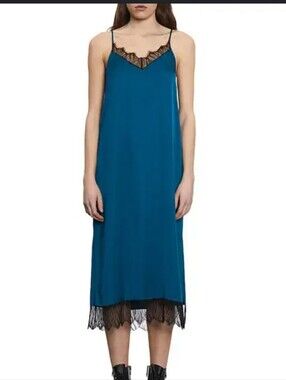 NWT The Kooples Teal Blue and Black Lace Slip Dress Size FR 3, US Large